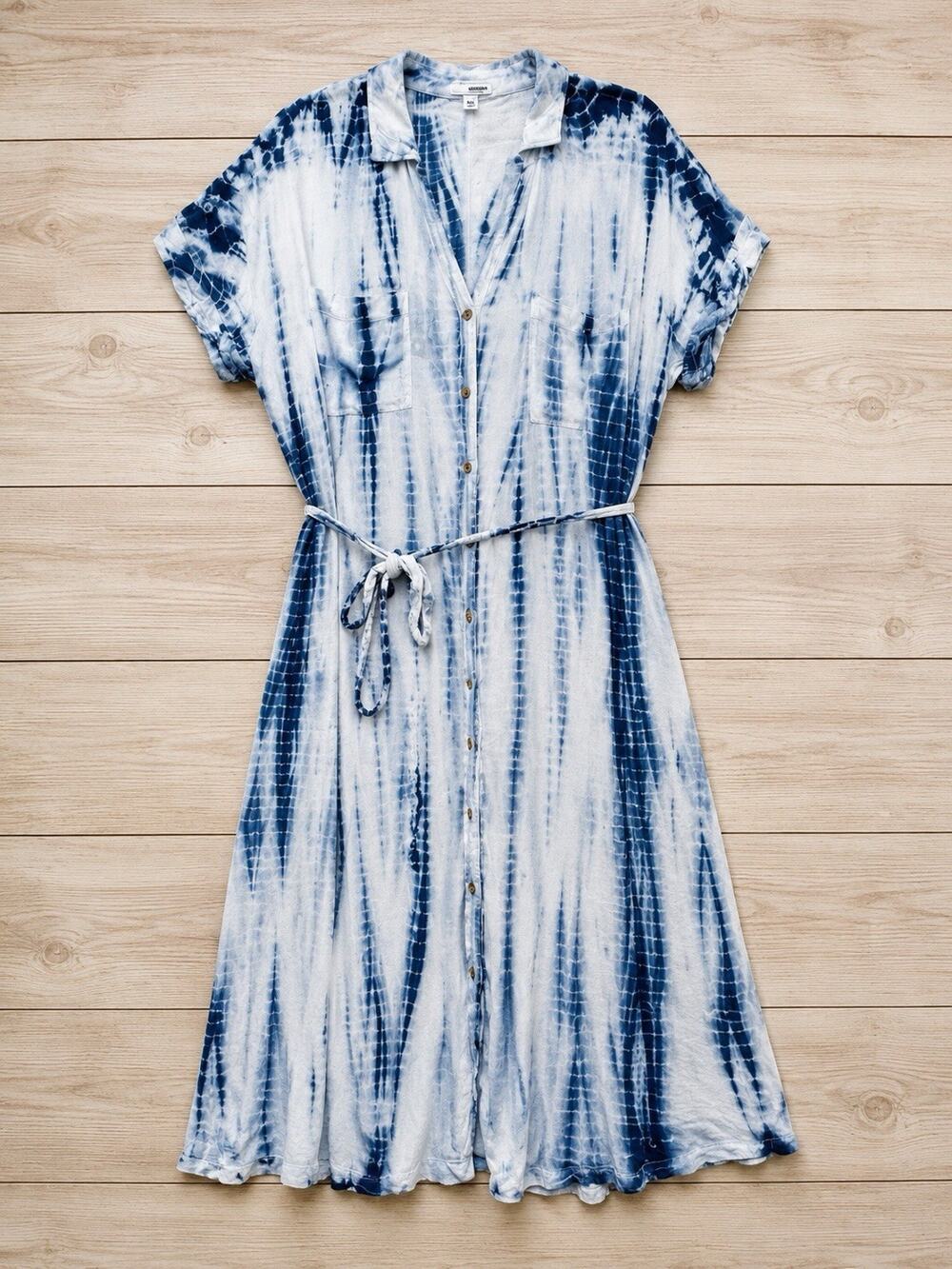 Sonoma XXL Blue White Tie Dye Button Front Shirt Dress Belted 100% Rayon Boho